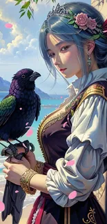 Fantasy art wallpaper with a woman and bird by the seaside.