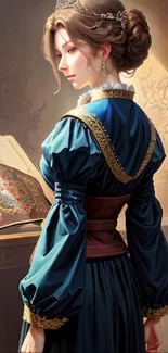 Elegant fantasy art of a historical figure in a regal setting with rich details.