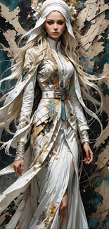 Elegant fantasy artwork with detailed gown and ethereal figure.