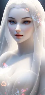 Ethereal bride in white veil with soft glow, fantasy portrait art.