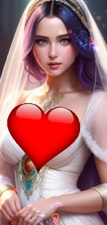 Fantasy bride with purple hair in elegant attire.