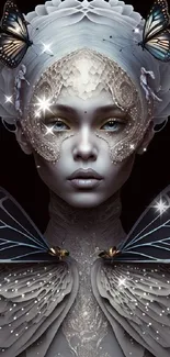 Fantasy art portrait with butterflies and lace design.