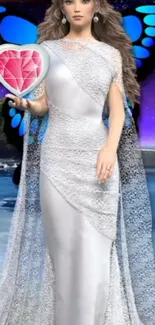 Woman in white dress with butterfly wings holding a gem heart on a beach.