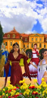 Four women in vibrant dresses stand before a majestic yellow castle.