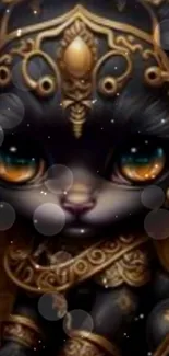 Elegant fantasy cat with gold accents and intricate details in a mystical design.