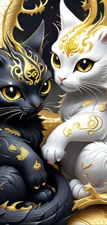 Two stylized cats with gold accents.