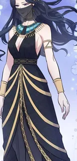 Elegant anime character in black and gold dress with flowing hair on floral background.