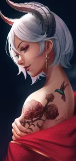 Elegant fantasy character with white hair and intricate tattoo.