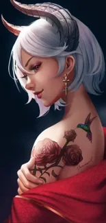 Fantasy artwork featuring a character with horns and rose tattoos.