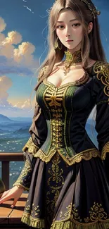 Elegant fantasy character in detailed attire with a vibrant sky background.