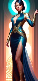 Elegant fantasy character in blue and gold dress with artful background.