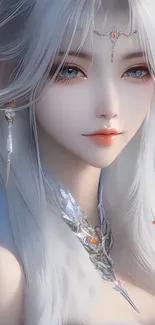 Ethereal fantasy character with silver hair and elegant jewelry.