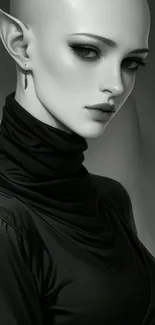 Elegant grayscale artwork of a fantasy character in a draped outfit.