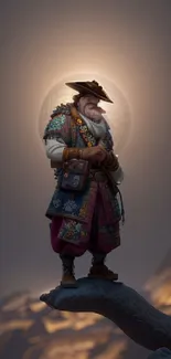 Fantasy character with intricate costume on a mystical background.