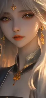 Elegant fantasy character portrait with golden details and white hair.