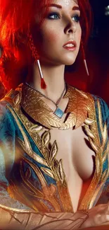 Fantasy character with red hair in elegant golden attire.