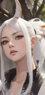 Fantasy character with white hair and horns in a serene setting.