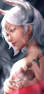 Elegant fantasy character with tattoos and soft hues on mobile wallpaper.