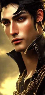 Fantasy character with dark hair in ornate jacket on golden background.