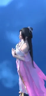 Graceful anime character in pink dress on a serene blue background.