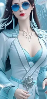 Elegant fantasy character in blue attire with sunglasses.