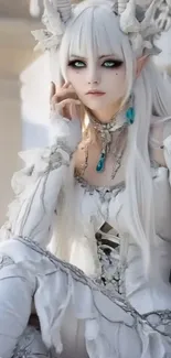 Elegant fantasy cosplay portrait in white costume with intricate details.