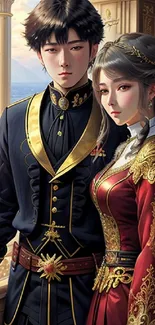 Fantasy couple in elegant attire on wallpaper.