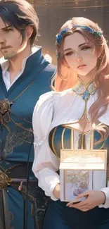 Elegant fantasy couple in blue attire with a medieval setting.