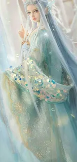 Ethereal fantasy doll in light blue dress with intricate details.