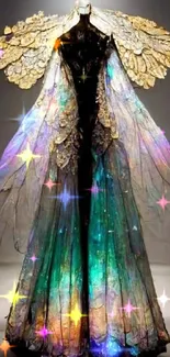 Elegant fantasy dress with celestial wings in vibrant colors.