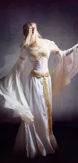 Woman in elegant white and gold dress against dark background.