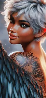 Enchanting fantasy elf with silver hair and tattoos in a mystical portrait.