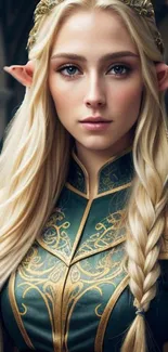 Fantasy elf portrait in elegant green and gold attire with braided hair.