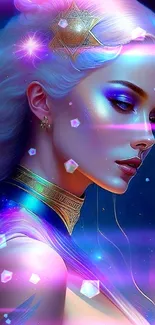 Mystical female portrait with vibrant colors and starry background.