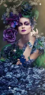 Ethereal portrait with purple flowers and butterflies, exuding elegance and fantasy.