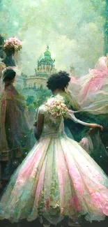 Elegant fantasy scene with gowns and garden in dark green hues.