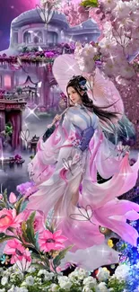 Elegant fantasy garden wallpaper with blossoms and an ethereal figure.