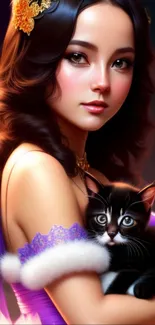 Beautiful fantasy girl holding a cute cat, set against a vibrant purple background.