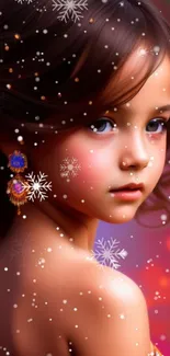 Fantasy art wallpaper of a girl with colorful snowflakes.