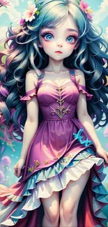 Fantasy girl in violet dress with floral background and blue accents.