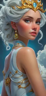 Fantasy goddess with intricate gold details against a celestial sky.