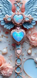 Fantasy heart cross with wings and roses wallpaper.