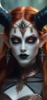 Elegant horned elf with striking orange hair and captivating eyes in a fantasy setting.