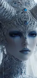 Fantasy ice queen with silver details and blue hues.