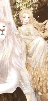 Elegant fantasy artwork with white lion and woman in gold.