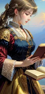 Fantasy maiden in medieval attire reading against a dreamy sky backdrop.