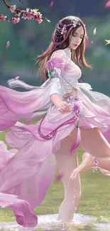 Fantasy maiden in lilac robe with floral backdrop.