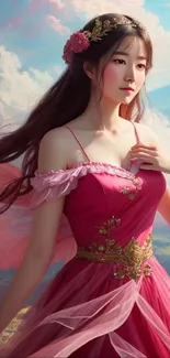 Fantasy maiden in a pink dress with a scenic background.