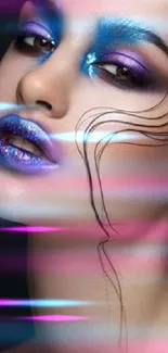 Close-up of elegant fantasy makeup with purple and blue tones, showcasing artistic detail.