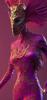 Fantasy character in purple and gold ornate mask and bodysuit.